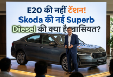 Presenter beside Skoda Superb with text: E20 की नई एंट्री! Skoda की नई Superb Diesel की क्या है खासियत? License plate reads SUPERB L&K.