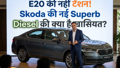 Presenter beside Skoda Superb with text: E20 की नई एंट्री! Skoda की नई Superb Diesel की क्या है खासियत? License plate reads SUPERB L&K.