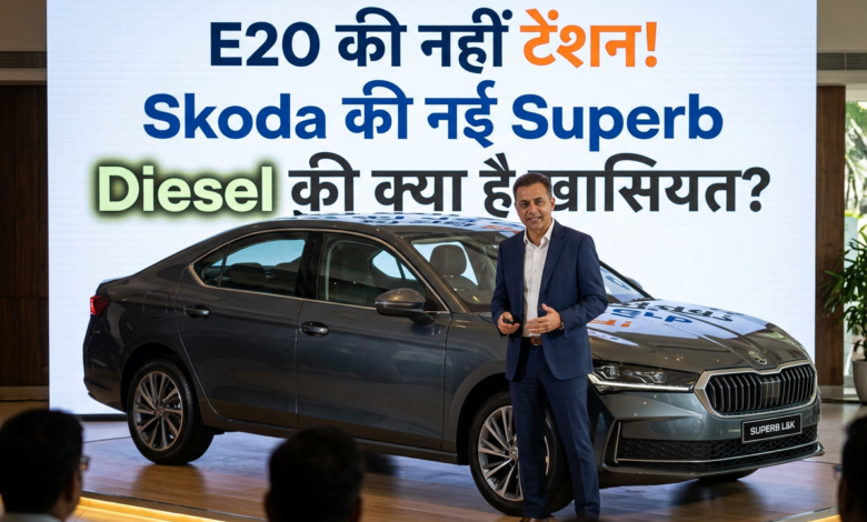 Presenter beside Skoda Superb with text: E20 की नई एंट्री! Skoda की नई Superb Diesel की क्या है खासियत? License plate reads SUPERB L&K.