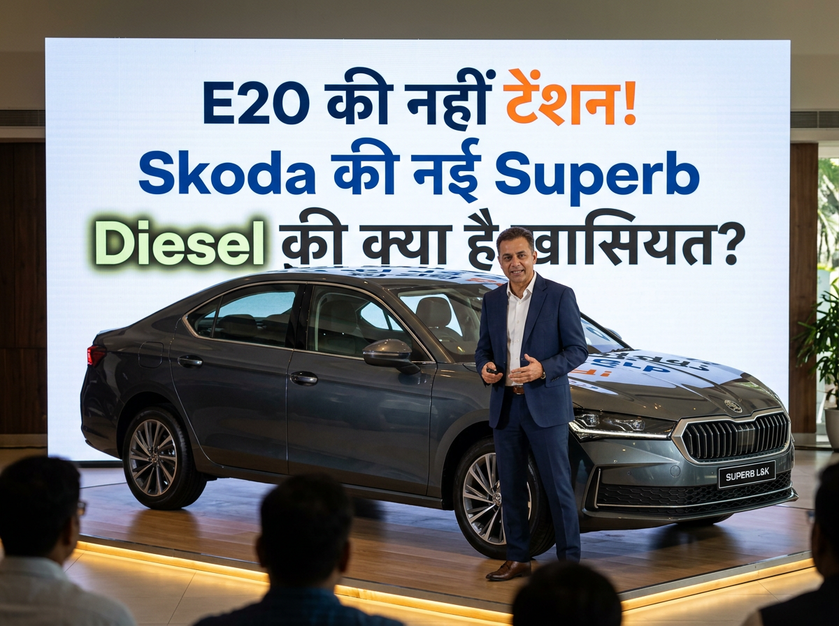 Presenter beside Skoda Superb with text: E20 की नई एंट्री! Skoda की नई Superb Diesel की क्या है खासियत? License plate reads SUPERB L&K.